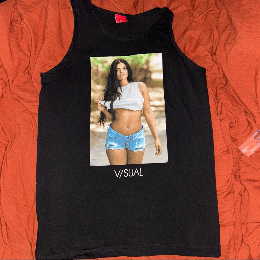 Visual Men's Graphic Tank Top - Woman in Denim Shorts Print - Size